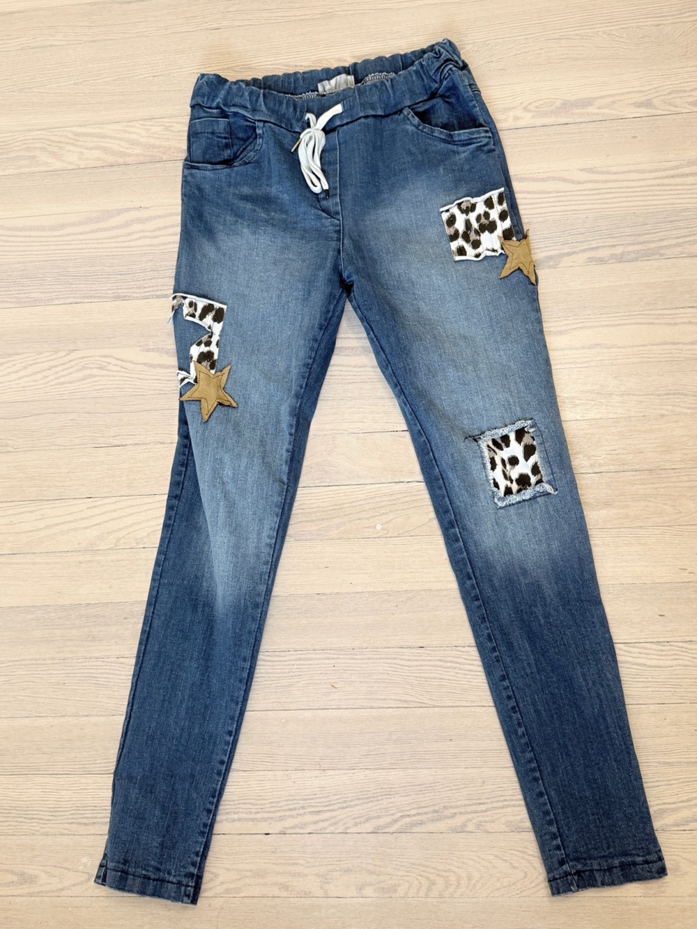 TINA STEPHENS Women’s Drawstring Cow Print Star Patch Detail Skinny Jeans Size L